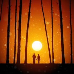 Sticker - Lovers in forest at red sunset. Vector conceptual illustration with silhouette of loving couple. Summer bright landscape with setting sun and flying fluff