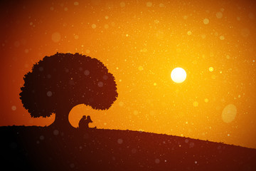 Sticker - Lovers under tree at red sunset. Vector conceptual illustration with silhouette of loving couple. Summer bright landscape with setting sun and flying fluff.