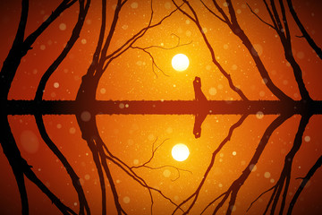 Sticker - Lovers among trees at red sunset. Vector conceptual illustration with silhouette of loving couple. Summer bright landscape with setting sun and flying fluff.