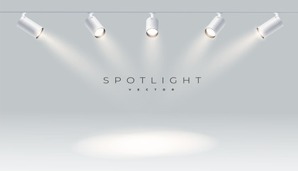 Wall Mural - five spotlights realistic with bright white light shining stage vector set. illuminated effect form 