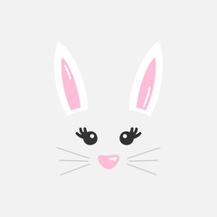 Wall Mural - Cute easter bunny vector illustration, hand drawn face of bunny. Ears and tiny muzzle with whiskers. Isolated on grey background.