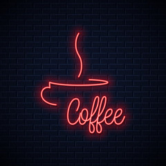 Wall Mural - Coffee cup neon sign. Coffee neon lettering