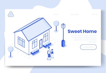 Digital isometric design concept scene of sweet home isometrics people and their house.Isometric social illustration-characters,building,garden,street lights on landing page banner web online concept