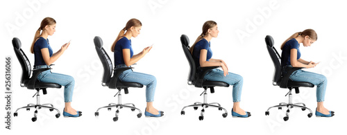 Fotografía Collage of woman sitting on chair against white background