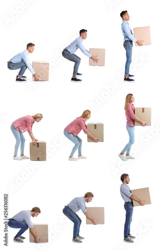 Fotomural Collage of people lifting heavy cardboard box on white background