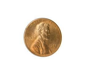 Shiny USA one cent coin on white background