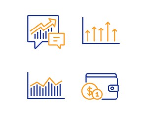 Wall Mural - Accounting, Growth chart and Money diagram icons simple set. Buying accessory sign. Supply and demand, Upper arrows, Currency diagram. Wallet with coins. Finance set. Linear accounting icon. Vector