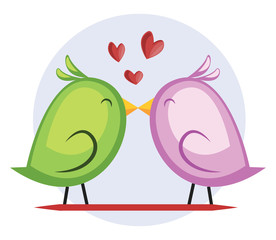 Poster - A green bird and a violet bird kissing vector illustrtation in light blue circle on white background.