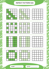 Repeat green pattern. Cube grid with squares. Special for preschool kids. Worksheet for practicing fine motor skills. Improving skills tasks. A4. Snap game. 5x5.