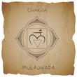 Symbol Muladhara - Root chakra on vintage background with torn edge.
