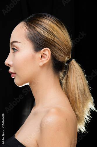 Asian Woman After Applying Make Up Black Blonde Hair Style No