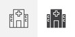 Hospital building icon. line and glyph version, outline and filled vector sign. Clinic with medical cross linear and full pictogram. Symbol, logo illustration. Different style icons set