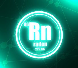 Wall Mural - Radon chemical element. Sign with atomic number and atomic weight. Chemical element of periodic table. Molecule and communication background. Connected lines with dots. 3D rendering