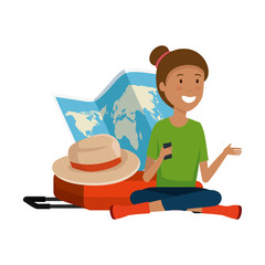 Sticker - tourist woman with paper map and suitcase and hat