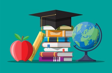 Wall Mural - Graduation cap on stuck of books, globe and apple. Academic and school knowledge, education and graduation. Vector illustration in flat style