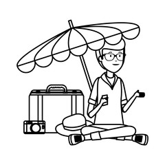 Sticker - tourist man with suitcase and umbrella