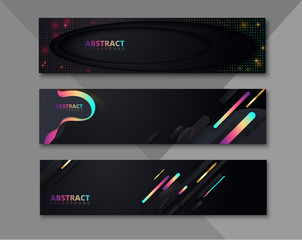 Set of black abstract banners with colorful geometric pattern.