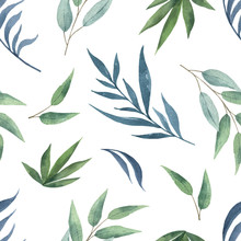 Watercolor Vector Seamless Pattern With Green Branches And Leaves Isolated On White Background.