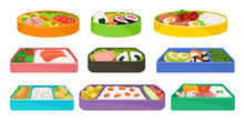 Japanese Food In Colorful Lunch Boxes Set.