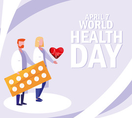 Wall Mural - world health day with couple doctors and icons