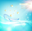 Contact lens concept with water wave flows over a blue background and two eye lenses. Vector illustration.