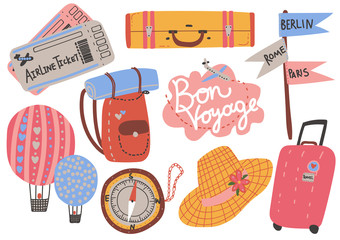 Sticker - Travel Objects Collection, Airplane Tickets, Backpack, Compass, Hot Air Balloon, Hat, Signpost, Time to travel, Summer Vacation Vector Illustration