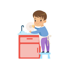 Sticker - Cute Boy Washing Dishes, Kid Helping With Home Cleanup Vector Illustration