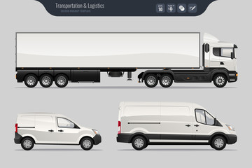 Wall Mural - Vector template with detailed cargo truck and van. Isolated realistic cargo truck and van on gray background. Vector