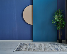 Modern Room, Blue Stone Wall And Dark Blue Decoration Vase Of Plant And Carpet.