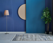 Home Room Wall Decor, Lamp Carpet And Avse Of Green Plant. Home Blue Stone Wall Background.