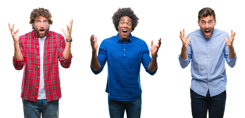 Wall Mural - Collage of group of african american and hispanic men over isolated background celebrating crazy and amazed for success with arms raised and open eyes screaming excited. Winner concept