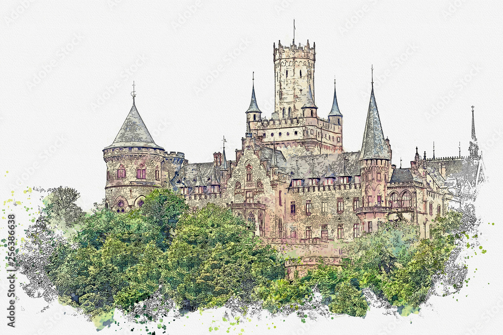 Watercolor sketch or illustration of a beautiful view of Marienburg ...