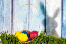 Painted Easter Eggs In Grass Nest In Grass With Shadow Of Rabbit On Blue White Wooden Background