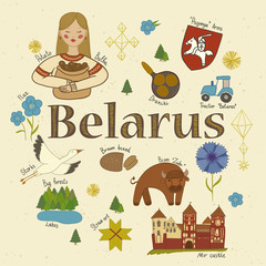  Belarus sights illustration. Vector set of belarussian landmarks and cultural and natural features. Country alphabet.