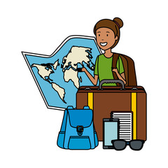 Sticker - tourist woman with paper map and travel icons