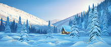 Winter Mountain Landscape With A Hut, Dawn In The Mountain Forest. Raster Illustration.