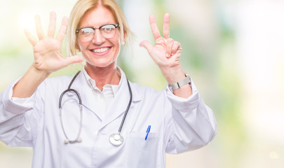 Sticker - Middle age blonde doctor woman over isolated background showing and pointing up with fingers number eight while smiling confident and happy.