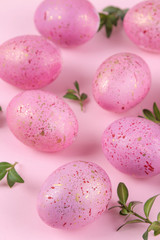  Easter. Pink Easter eggs on a trendy pink background. Happy easter. holidays. close-up.