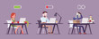 Office workers with battery charge level indicator. Employees of different energy limit, full, low, empty icon, effectiveness of productive effort at workplace. Vector flat style cartoon illustration