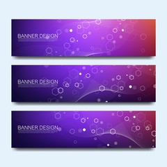 Fototapete - Abstract molecules banners set with lines, dots, circles, polygons. Vector design network communication background. Futuristic digital science technology concept for web banner template or brochure.