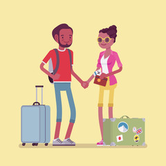 Wall Mural - Tourists in travelling outfit with luggage and suitcases. Happy young black man and woman making a journey to visit warm countries, holiday tour for recreation. Vector flat style cartoon illustration