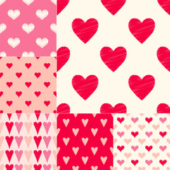 Wall Mural - Red pink color combinations of heart symbols. Textured vector pattern. 6 in 1 set.