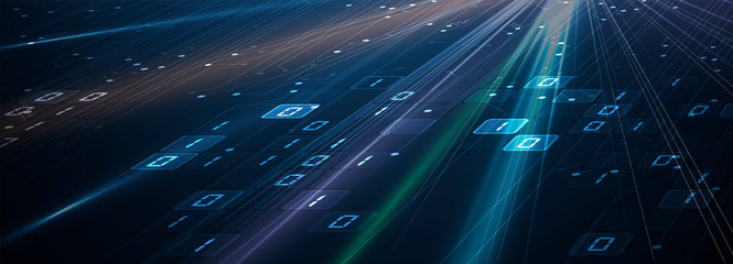 Bytes of binary code run through network. Abstract futuristic technology syberspace