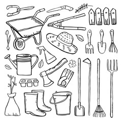 Wall Mural - Gardening tools set. Vector hand drawn outline sketch illustration black on white background. Shovels, wheelbarrow, watering cans, rakes, pruners, boots