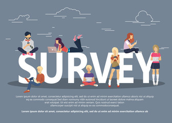 Wall Mural - Online survey concept vector illustration of people fulfilling checklist. Flat vector illustration