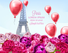 Balloons And Peony Flowers In Paris Vector. Romantic Card Spring Times