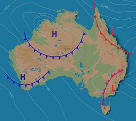 Wall Mural - weather forecast of australia. meteorological weather map of the australia. realistic synoptic map w