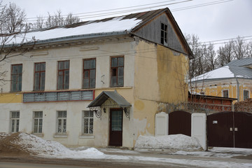 Facade of an old building in the ancient Russian city of Torzhok, Russia