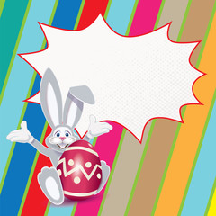 Wall Mural - Cute Easter Bunny with red ornamented egg and blank comic speech bubble isolated on a striped colorful background