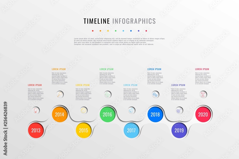 horizontal business timeline with 8 round elements, year indication and ...